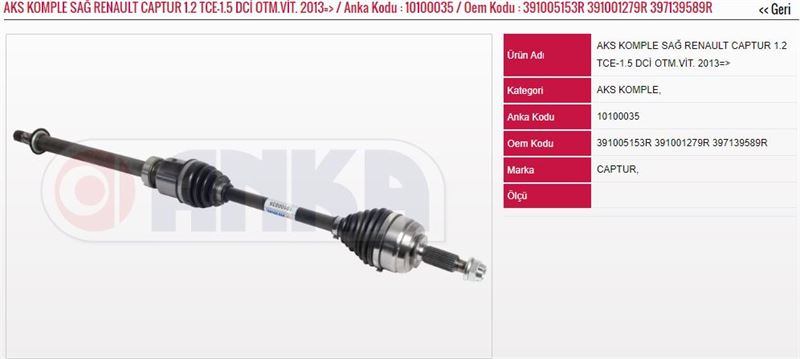 ANKA-1010-0035-1.jpg AKS KOMPLE SAĞ 1.2 TCE-1.5 DCİ OTM.VİT. 2013=> YENİ RENAULT CAPTUR (1 AD ) - Görsel 1