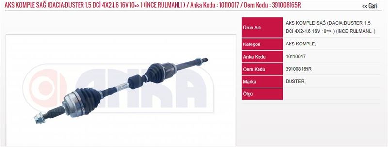 ANKA-1011-0017-1.jpg AKS KOMPLE SAĞ 1.5 DCİ 4×2-1.6 16V 10=> (İNCE RULMANLI ) YENİ DACIA DUSTER (1 AD ) - Görsel 1