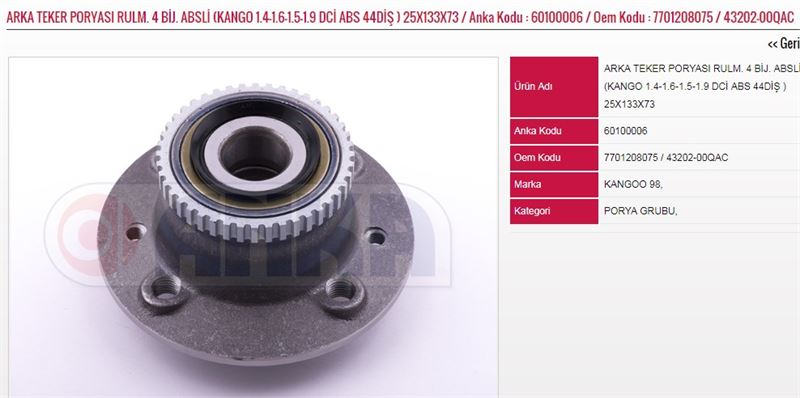 ANKA-6010-0006-1.jpg ARKA TEKER PORYASI RULM. 4 BİJ. ABSLİ 1.4-1.6-1.5-1.9 DCİ ABS 44DİŞ ) (25X133X73) RENAULT KANGOO (1 AD ) - Görsel 1