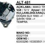 ALTERNATÖR 12V 65A FIAT DKŞ SLX / TEMPRA 321 154-ŞAHİN 94-TEMPRA MAKO TİP (1 AD )