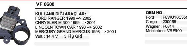 KONJEKTÖR FORD RANGER / CHRYSLER M300 14.4V GRİ (1 AD )