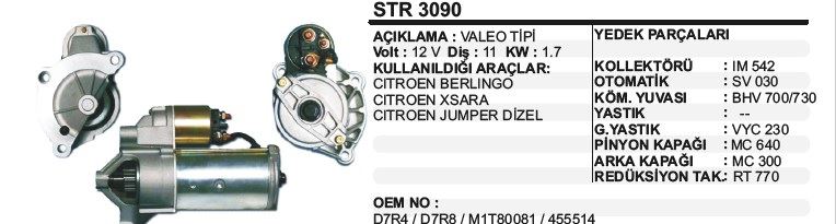 DD-STR3090-1.jpg MARŞ MOTORU 11 DİŞ 12V D7R CITROEN BERLINGO-XSARA-JUMPER DİZEL VALEO TİP (1 AD ) - Görsel 1