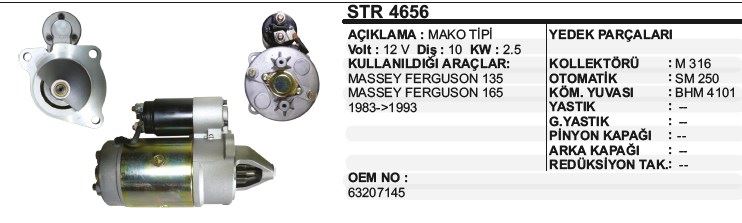 DD-STR4656-1.jpg MARŞ MOTORU 10 DİŞ 12V MASSEY FERGUSON 135-136 MARELLI-MAGNETON TİP (1 AD ) - Görsel 1
