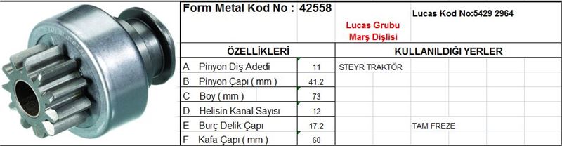 FM42558-1.jpg MARŞ DİŞLİSİ 11 DİŞ 12 KANAL LUCAS TİPİ TZDK STEYR TRAKTOR TAM FREZE (1 AD ) - Görsel 1