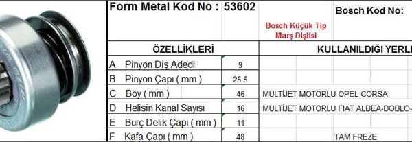 MARŞ DİŞLİSİ 9 DİŞ 16 KANAL BOSCH TİPİ OPEL CORSA FIAT ALBEA DOBLO PALIO MULTIJET TAM FREZE  DS=9 DKÇ=25,8 BOY=46 KS=16 BDÇ=11 GÇ=46,5 (1 AD )