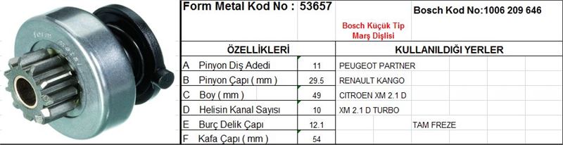 FM53657-1.jpg MARŞ DİŞLİSİ 11 DİŞ 10 KANAL BOSCH TİPİ PEUGEOT PARTNER RENAULT KANGO CITROEN XM TAM FREZE DS=11 DKÇ=29,5 BOY=49 KS=10 BDÇ=12 GÇ=54,5 (1 AD ) - Görsel 1