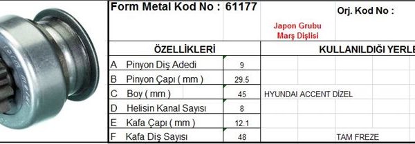 MARŞ DİŞLİSİ 9 DİŞ 8 KANAL JAPON TİPİ HYUNDAI ACCENT DIZEL TAM FREZE (1 AD )