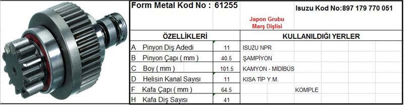 FM61255-1.jpg MARŞ DİŞLİSİ 11 DİŞ 11 KANAL JAPON TİPİ ISUZU CHAMPION NPR KISA TIP KOMPLE DS=11 DKÇ=40,5 BOY=103,4 KS=11 GÇ=64,5 KDS=41 (1 AD ) - Görsel 1