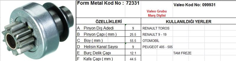 FM72331-1.jpg MARŞ DİŞLİSİ 9 DİŞ 9 KANAL VALEO TİPİ RENAULT TOROS R9 R19 PEUGEOT 405 505 TAM FREZE DS=9 DKÇ=25,8 BOY=55,5 KS=9 BDÇ=12 GÇ=48,5 (1 AD ) - Görsel 1