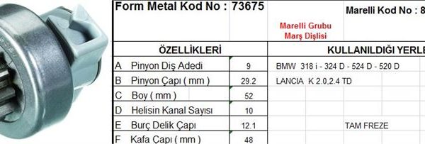 MARŞ DİŞLİSİ 9 DİŞ 10 KANAL MARELLI TİPİ BMW 318 TAM FREZE (1 AD )