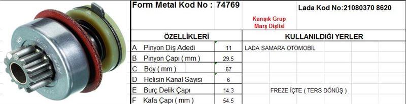 FM74769-1.jpg MARŞ DİŞLİSİ 11 DİŞ 6 KANAL LADA SAMARA FREZE İÇTE TERS DONUSLU T.DÖN. DS=11 DKÇ=29,5 BOY=66,5 KS=6 BDÇ=14 GÇ=53 (1 AD ) - Görsel 1