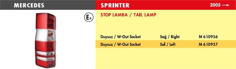 M610957-1.jpg STOP LAMBA MERCEDES SPRINTER / SOL (2005 >) (DUYSUZ) (1 AD ) - Görsel 1