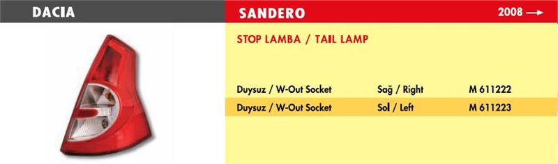 M611222-1.jpg STOP LAMBA DACIA SANDERO / SAĞ (2008 >) (DUYSUZ) (1 AD ) - Görsel 1
