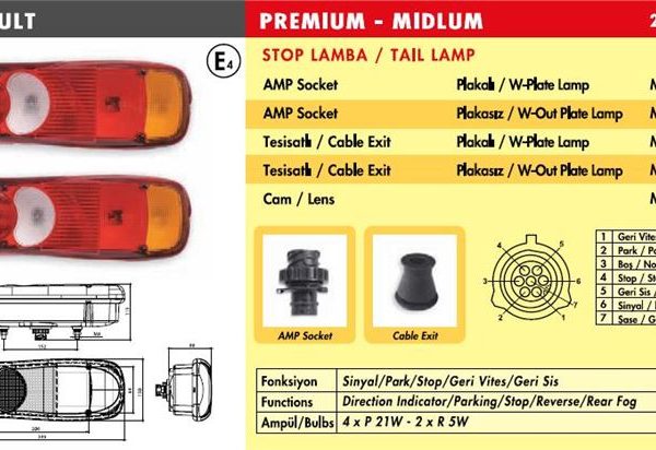 STOP LAMBA / PLAKASIZ RENAULT PREMİUM DAF XF-CF-LF BMC YM  RENAULT MASTER KAMYONET(TESİSATLI KABLOLU (1 AD )