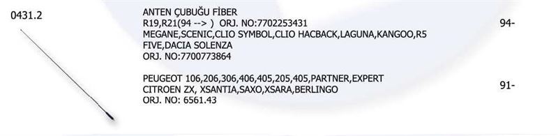 UNV.0431-2-1.jpg ANTEN ÇUBUĞU FİBER RENAULT R19- R21(94 ->) MEGANE SCENIC CLIO SYMBOL C (1 AD ) - Görsel 1