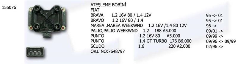 UNV.155076-2-1.jpg ATEŞLEME BOBİNİ FIAT BRAVA BRAVO 95-01 MAREA 12V 96- PALIO 01- PUNTO 1.2/1.4 96-99 SCUDO 1.6 96- . (1 AD ) - Görsel 1